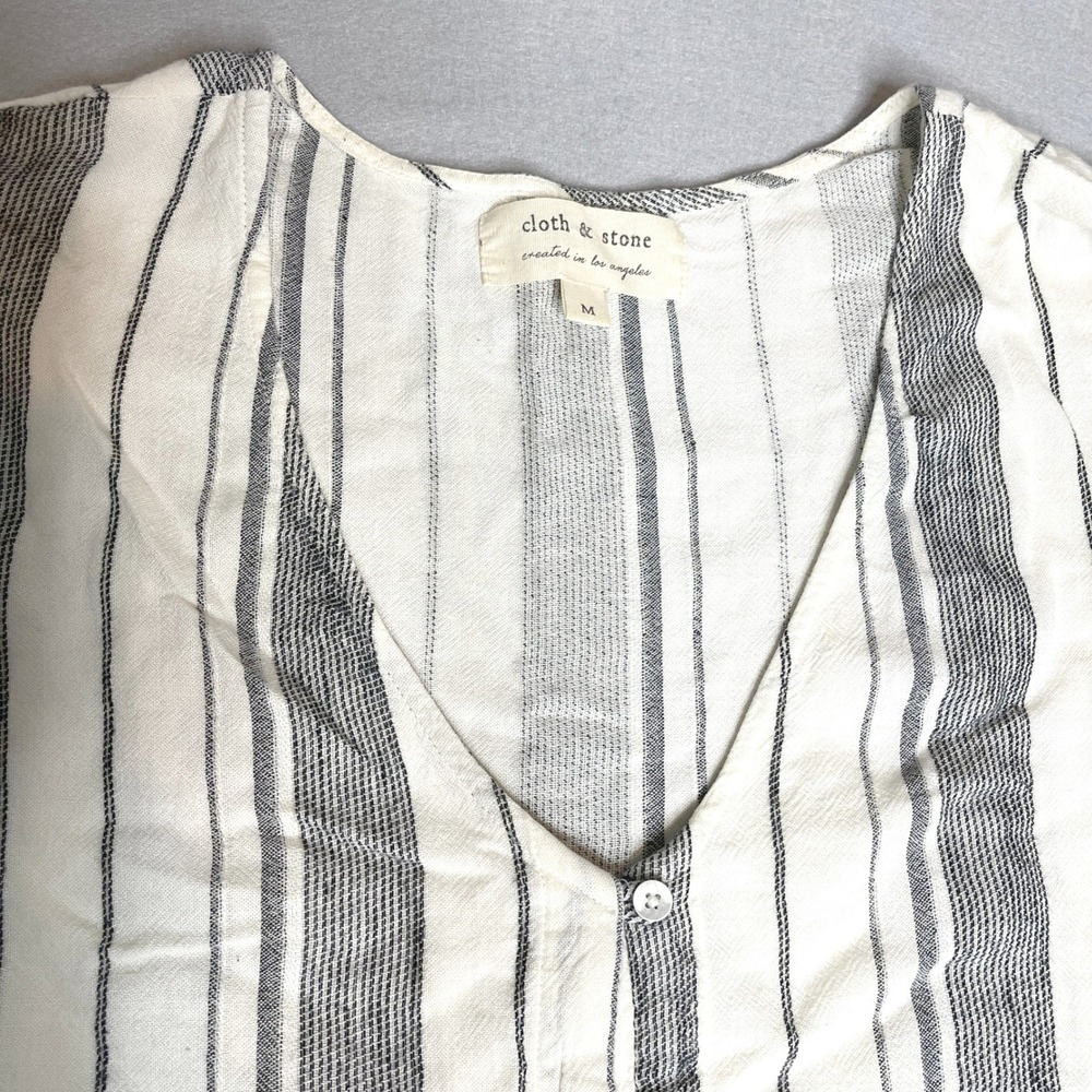 Cloth & Stone Anthropologie Striped V Neck‎ Button Down Linen Blend Top - Picture 4 of 5